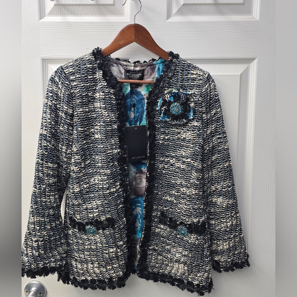 St. John Boutiques Black, White, Teal Embellished Tweed Fringe Jacket